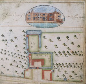 Vista sud di Kentwell Hall, dal rilievo della tenuta di Richard Moore, Esq. Kentwell Hall, Suffolk, 1777 da English School
