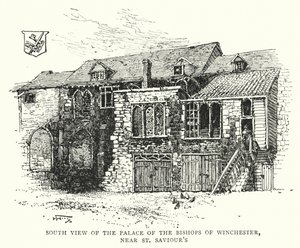 Veduta sud del palazzo dei vescovi di Winchester, vicino a St Saviour