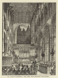 Cattedrale di St Albans, la navata, con schermo del crocifisso restaurato da English School