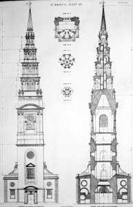 St. Brides, Fleet Street, elevazione del lato ovest, 19° secolo da English School