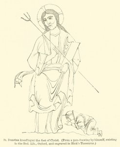 San Dunstan inginocchiato ai piedi di Cristo, da un disegno a penna di se stesso, esistente nella Bod Lib, Oxford, e inciso nel Thesaurus di Hick da English School