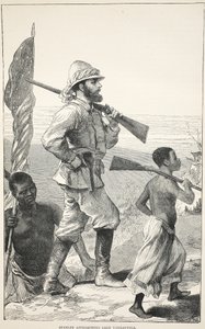 Stanley che si avvicina al Lago Tanganica, illustrazione da L