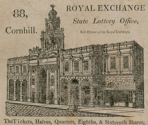 Ufficio della Lotteria di Stato, angolo est della Royal Exchange, 88 Cornhill, Londra da English School