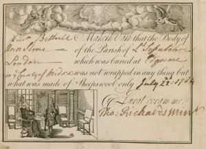 Dichiarazione che Ann Slone è stata sepolta in lana di pecora, 1784