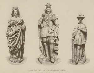 Statue della regina Elisabetta I, re Carlo I e re Edoardo VI dalla facciata della Guildhall Chapel, Città di Londra da English School