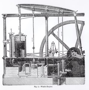 Motore a vapore progettato da James Watt (1736-1819), di Bonnafoux da English School