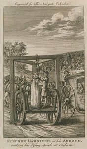 Stephen Gardiner nel suo sudario mentre pronuncia il discorso in punto di morte a Tyburn (incisione) da English School