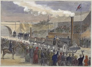 La Rocket di Stephenson arriva prima alla competizione di locomotive a Rainhill nel 1829 da English School