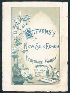Pubblicità vittoriana delle carte profumate con bordo di seta di Stevens, Coventry, Londra e New York. Didascalia: Una cosa di bellezza è una gioia per sempre. da English School