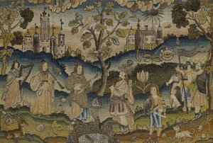 Ricamo con scena di cinque musicisti in giardino con albero, metà del XVII secolo (tessuto)