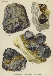 Solfuri, molibdenite, blenda di zinco, galena (litografia a colori)