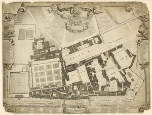 Rilievo e pianta del Palazzo Reale di Whitehall, 1680, con gli alloggi e gli appartamenti appartenenti alle loro Maestà da English School