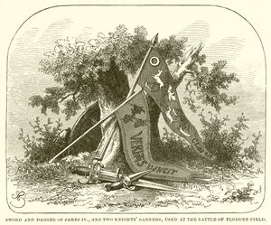 Spada e pugnale di Giacomo IV e due stendardi di cavalieri, usati nella battaglia di Flodden Field