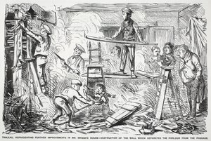 Tableau, rappresentante ulteriori miglioramenti alla casa di Mr. Briggs - distruzione del muro che separa il salotto dal corridoio, illustrazione da Punch da English School