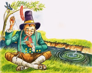 Sarto che cuce vicino a un ruscello da English School