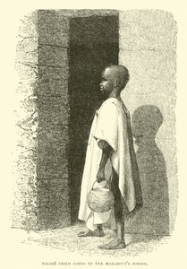Bambino Talibe che va alla scuola dei Marabout da English School