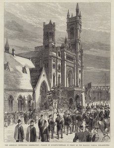 La celebrazione del centenario americano, parata dei Cavalieri Templari davanti al Tempio Massonico, Filadelfia da English School