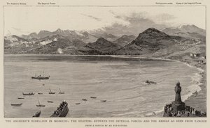 La ribellione degli Angheriti in Marocco, i combattimenti tra le forze imperiali e i ribelli visti da Tangeri (incisione) da English School