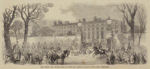 La sposa e lo sposo che lasciano il Palazzo di St James dopo il matrimonio (incisione) da English School