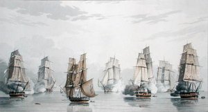 Lo Squadrone Britannico sotto il comando del Capitano Charles Marsh Schomberg e lo Squadrone Francese sotto il comando del Commodoro Roquebert, calmi poco dopo l
