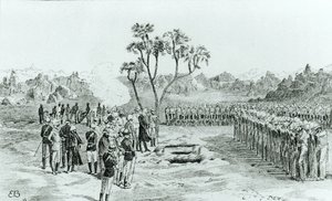 La sepoltura del Generale Earle e dei Colonnelli Eyre e Coveney a Kirbekan, da La Campagna delle Cataratte del Generale William Francis Butler, pubblicato nel 1887 da English School