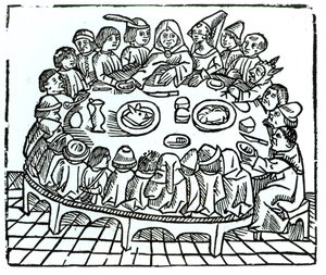 I pellegrini di Canterbury seduti per un pasto condiviso, illustrazione dai 
