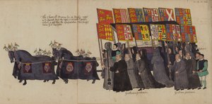 Il carro nella processione funebre della regina Elisabetta I (incisione colorata)