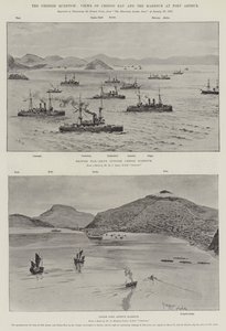 La questione cinese, vedute della Baia di Chefoo e del porto di Port Arthur (litografia) da English School