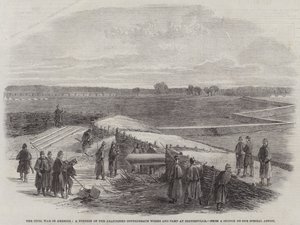 La Guerra Civile in America, una Parte delle Opere e del Campo Confederati Abbandonati a Centreville (incisione)