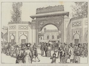 Esposizione coloniale e indiana, il portale di Gwalior, ingresso al cortile del palazzo indiano (incisione) da English School