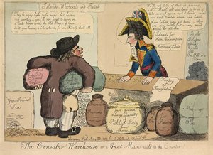 Il Magazzino Consolare o un Grande Uomo inchiodato al Banco, pub. 1802 (incisione colorata a mano) da English School