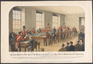 Il processo marziale del tenente Perry del 46º Reggimento di Sua Maestà, nella sala mensa delle caserme di Windsor, agosto 1854 da English School