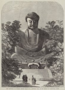 Il Daiboodh, o immagine colossale in bronzo di un idolo buddista, nel tempio di Kamakura, Giappone (incisione)
