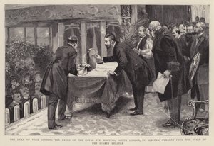 Il Duca di York apre le porte del Royal Eye Hospital, South London, con corrente elettrica dal palco del Surrey Theatre da English School