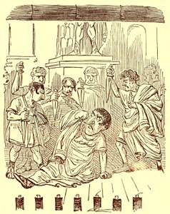 La fine di Giulio Cesare, illustrazione da La Storia Comica di Roma di Gilbert Abbott a Beckett, pubblicata c.1850 da English School