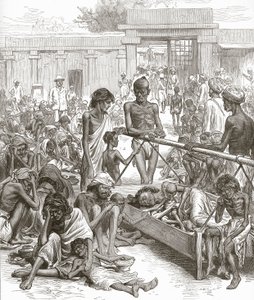 La carestia in India: Nativi in attesa di soccorso a Bangalore, ottobre 1877 da English School