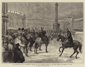 Le festività a San Pietroburgo, revisione delle truppe di guarnigione dallo Zar davanti al Principe di Galles (incisione)