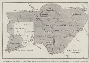 I francesi in Africa occidentale, mappa con la parte ombreggiata che denota la sfera di influenza britannica (litografia)