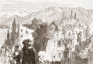 I ginevrini distruggono i sobborghi della loro città, illustrazione da La storia del protestantesimo di James Aitken Wylie (1808-1890), pub. 1878 da English School