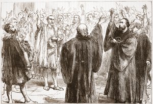 I ginevrini giurano la loro rinuncia al cattolicesimo, illustrazione da La storia del protestantesimo di James Aitken Wylie (1808-1890), pub. 1878 da English School