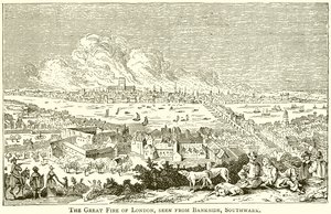 Il grande incendio di Londra, visto da Bankside, Southwark da English School
