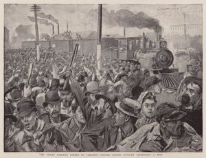 Il grande sciopero ferroviario a Chicago, la cavalleria degli Stati Uniti disperde la folla (litografia)