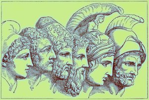 Gli Eroi della Guerra di Troia: Paride, Diomede, Ulisse, Nestore, Achille, Agamennone, illustrazione da La Storia Illustrata del Mondo, pubblicata c.1880