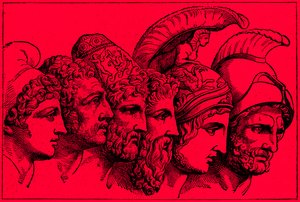 Gli Eroi della Guerra di Troia: Paride, Diomede, Ulisse, Nestore, Achille, Agamennone, illustrazione da La Storia Illustrata del Mondo, pubblicata c.1880 da English School