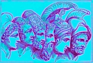 Gli Eroi della Guerra di Troia: Paride, Diomede, Ulisse, Nestore, Achille, Agamennone, illustrazione da La Storia Illustrata del Mondo, pubblicata c.1880 da English School