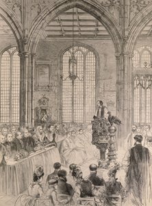 La Camera dei Comuni che partecipa in stato al servizio del Giubileo presso la chiesa di St. Margaret, Westminster, da The Illustrated London News, 28 maggio 1887 da English School