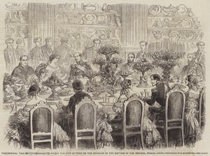 La tavola imperiale al banchetto offerto dalla città di Parigi in occasione del battesimo del Principe Imperiale (incisione) da English School