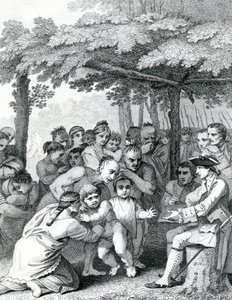Gli indiani che consegnano i prigionieri inglesi al colonnello Bouquet vicino al suo campo ai Forks of Muskingham in Nord America, inciso da Canot, 1764