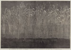 Il Festival Navale Internazionale a Portsmouth, volo di razzi e illuminazione delle flotte alleate a Spithead (incisione)