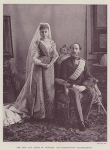 Il Re e la Regina di Danimarca, i nonni dello sposo (incisione) da English School